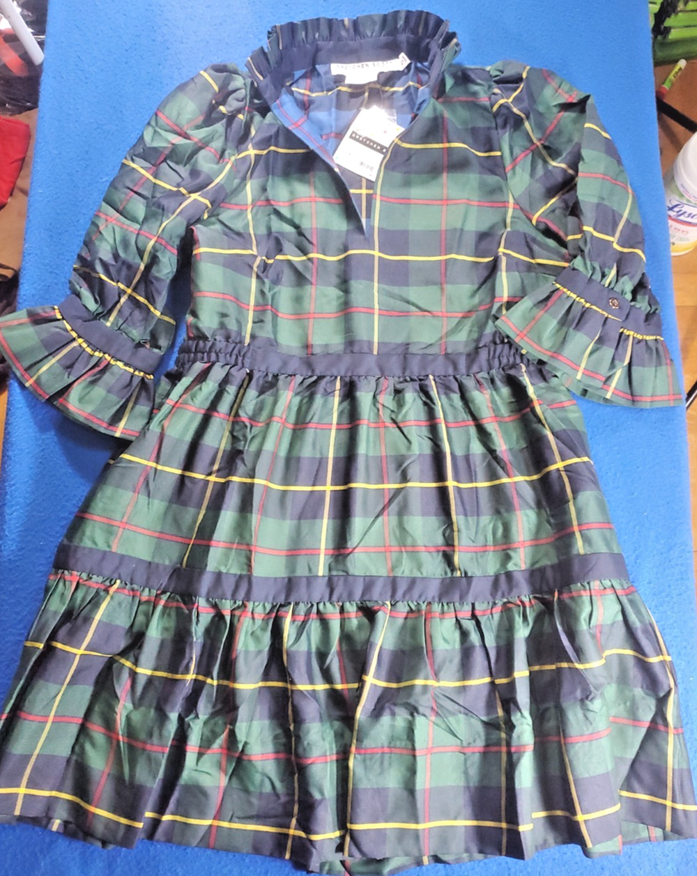 Gretchen Scott Teardrop Dress S Plaidly Cooper Green Plaid Ruffle Tiered Holiday